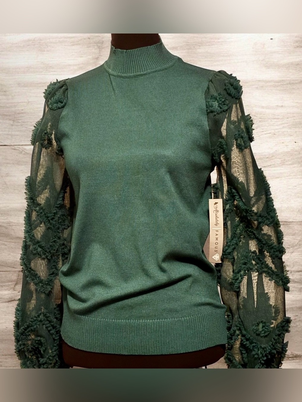 Almost Famous Forest Green Mock Neck Floral Mesh Sleeve Top